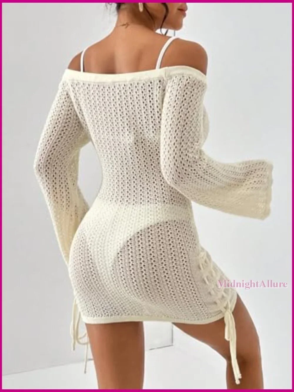 Off Shoulder Crochet Cover Up Dress Drawstring Bathing Suit Beachwear